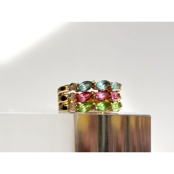 18k Gold HGE Multi Gemstone Triple Row Cocktail Vintage Ring - sz 6 - Picture 7 of 10
